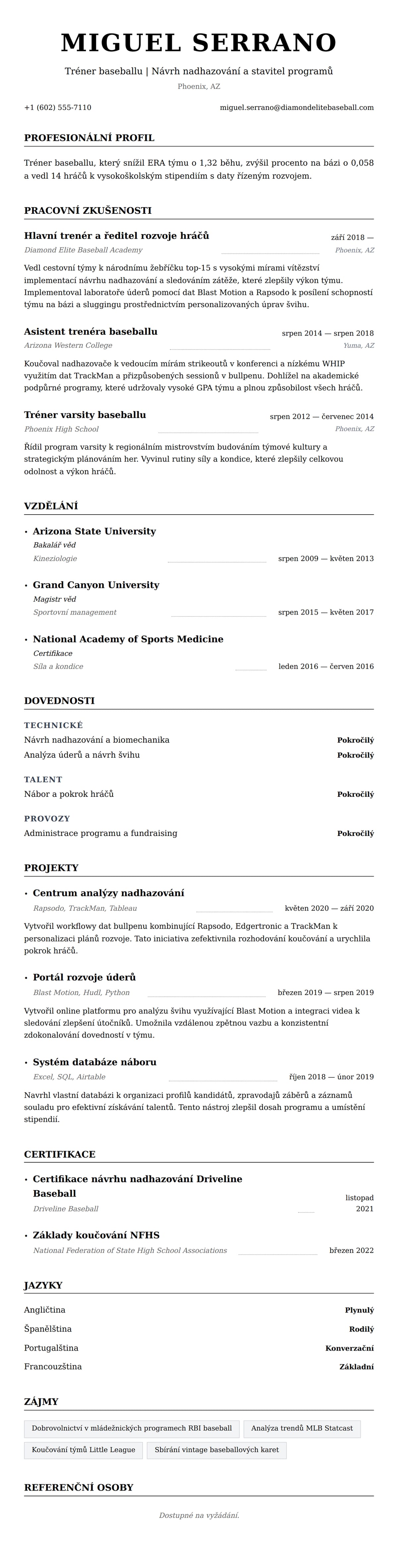 Náhled životopisu pro Příklad životopisu trenéra baseballu