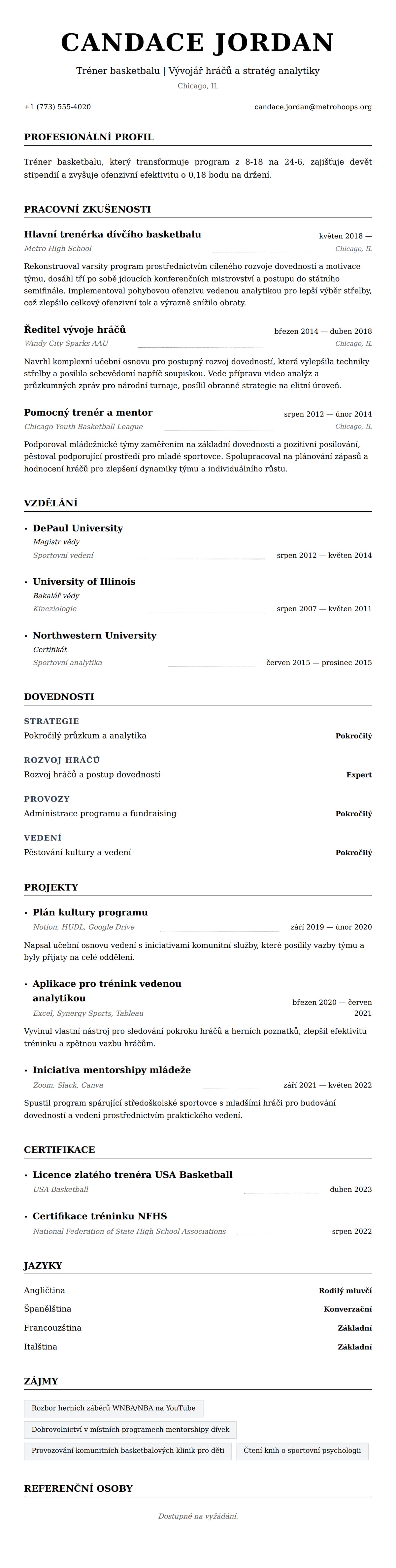 Náhled životopisu pro Příklad životopisu trenéra basketbalu
