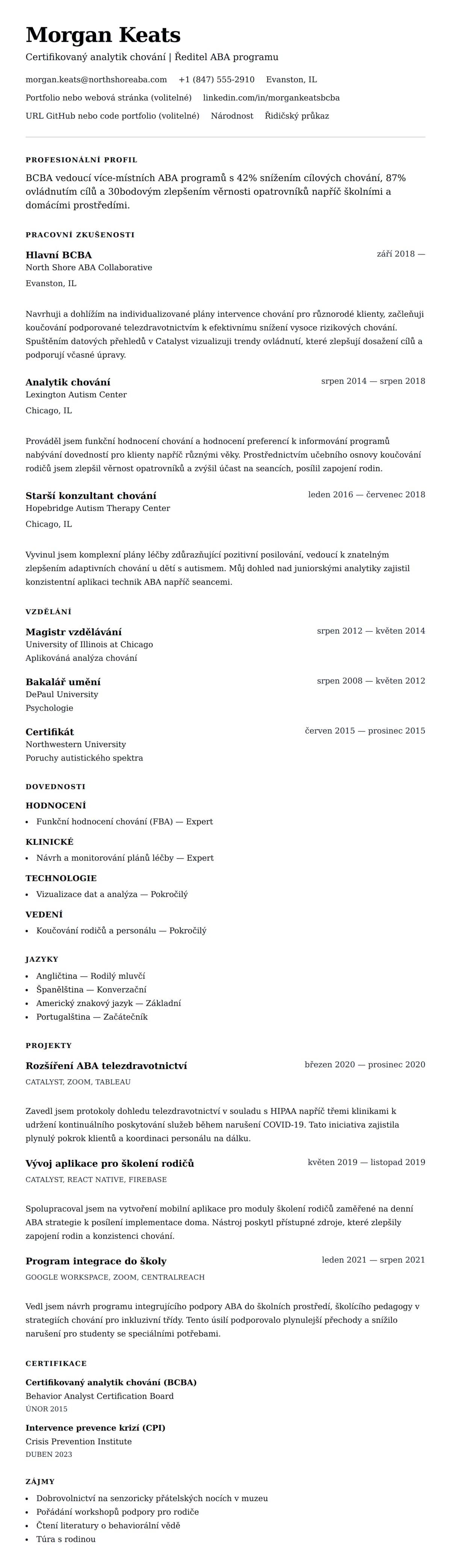 Náhled životopisu pro Příklad životopisu certifikovaného analytika chování (BCBA)