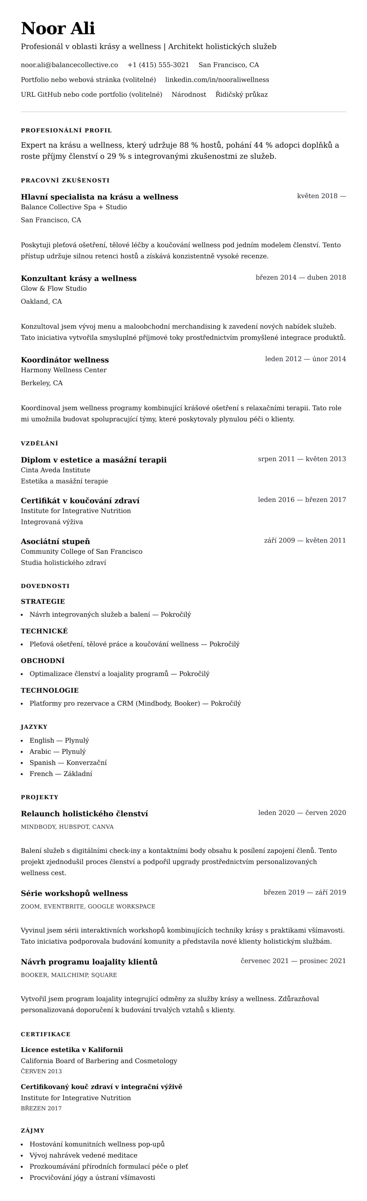 Náhled životopisu pro Příklad životopisu profesionála v oblasti krásy a wellness