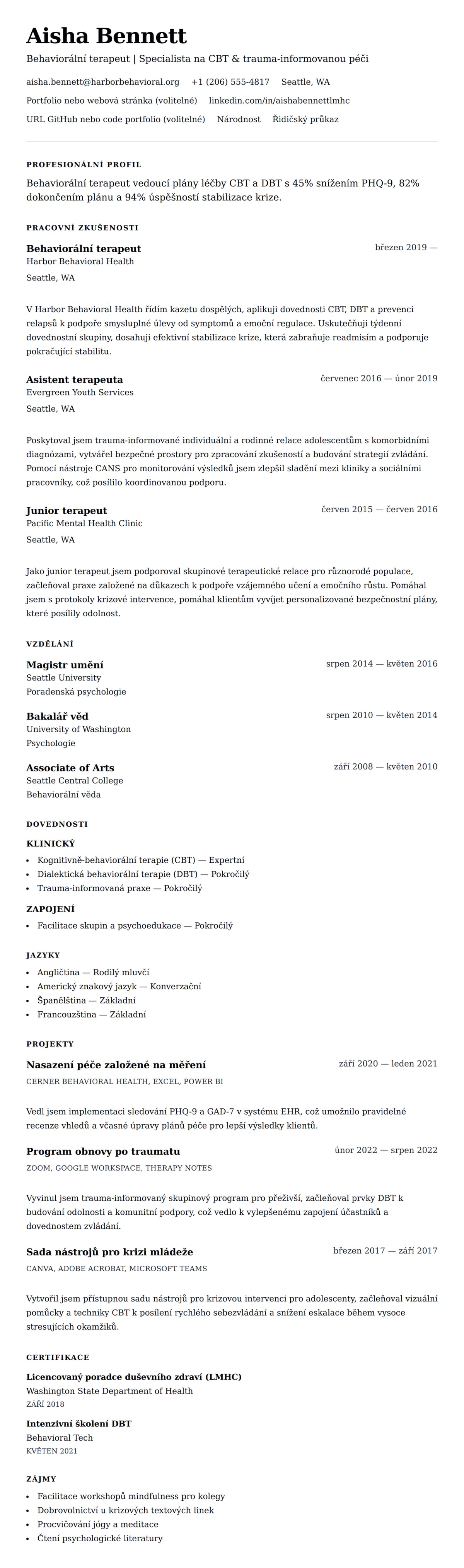Náhled životopisu pro Příklad životopisu behaviorálního terapeuta