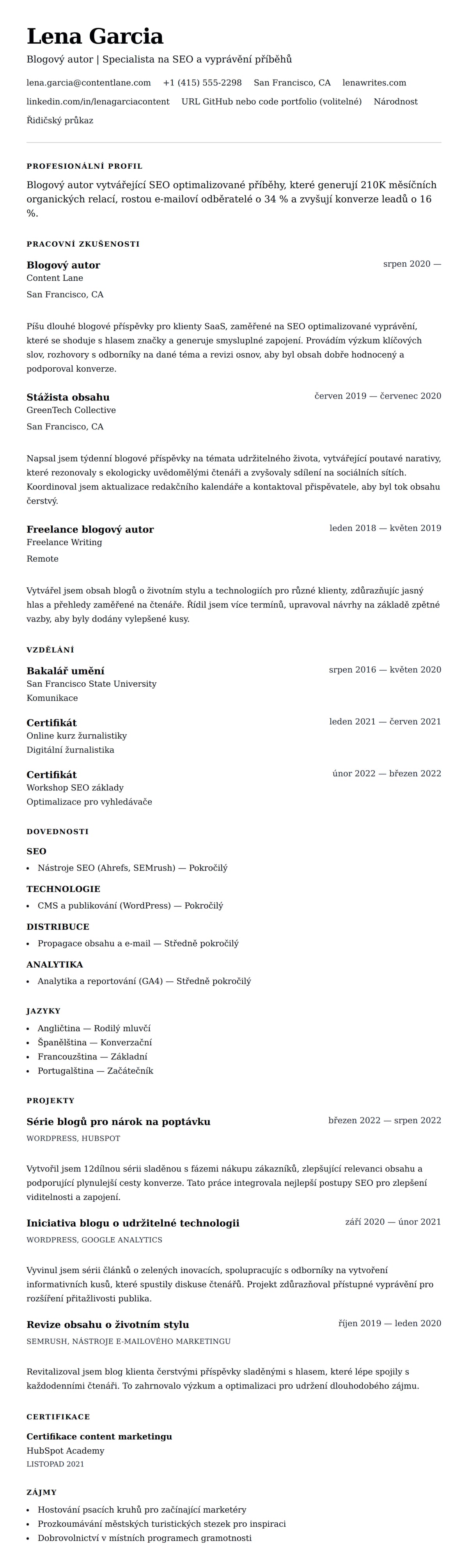 Náhled životopisu pro Příklad životopisu blogového autora