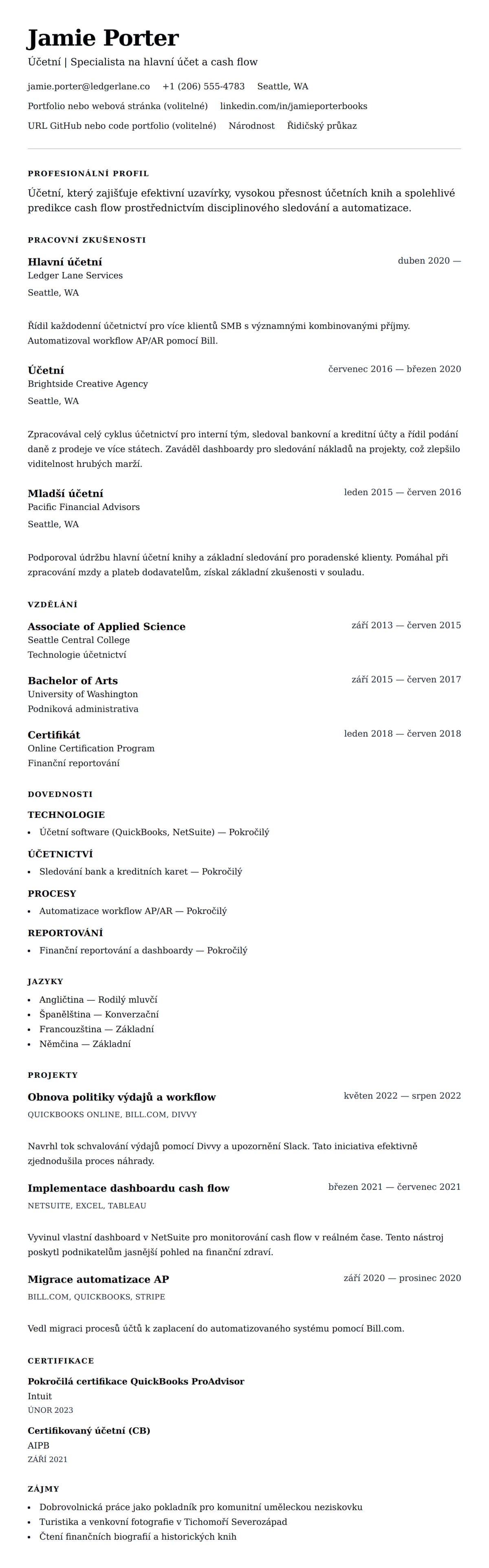 Náhled životopisu pro Příklad životopisu účetního