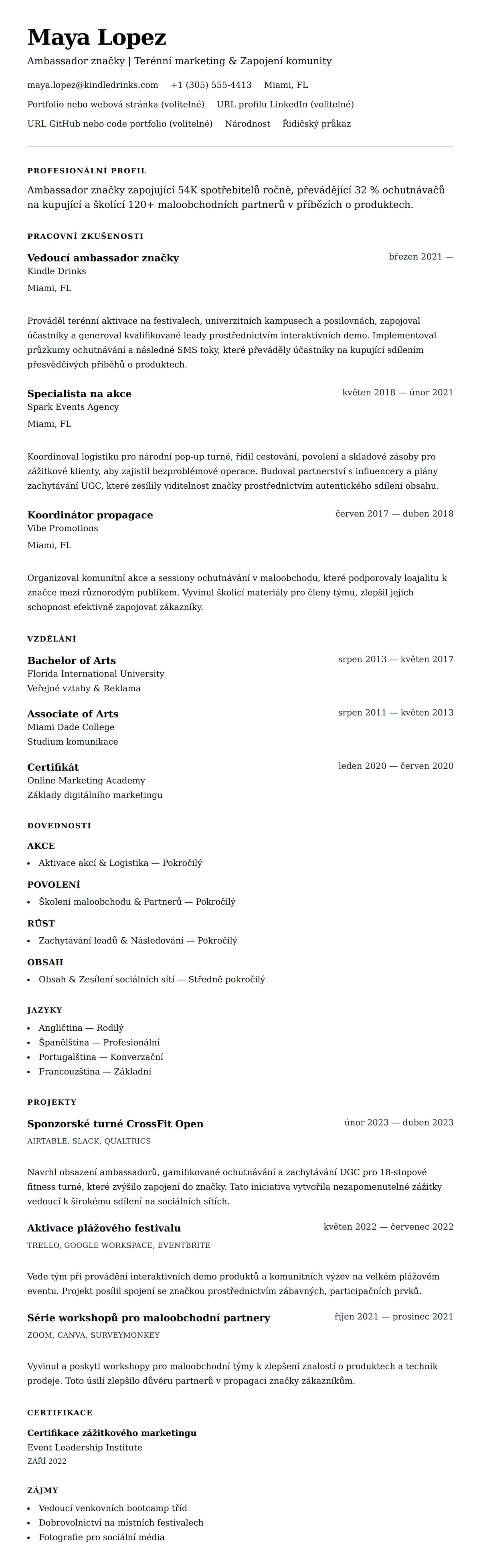 Náhled životopisu pro Příklad životopisu Ambassador značky