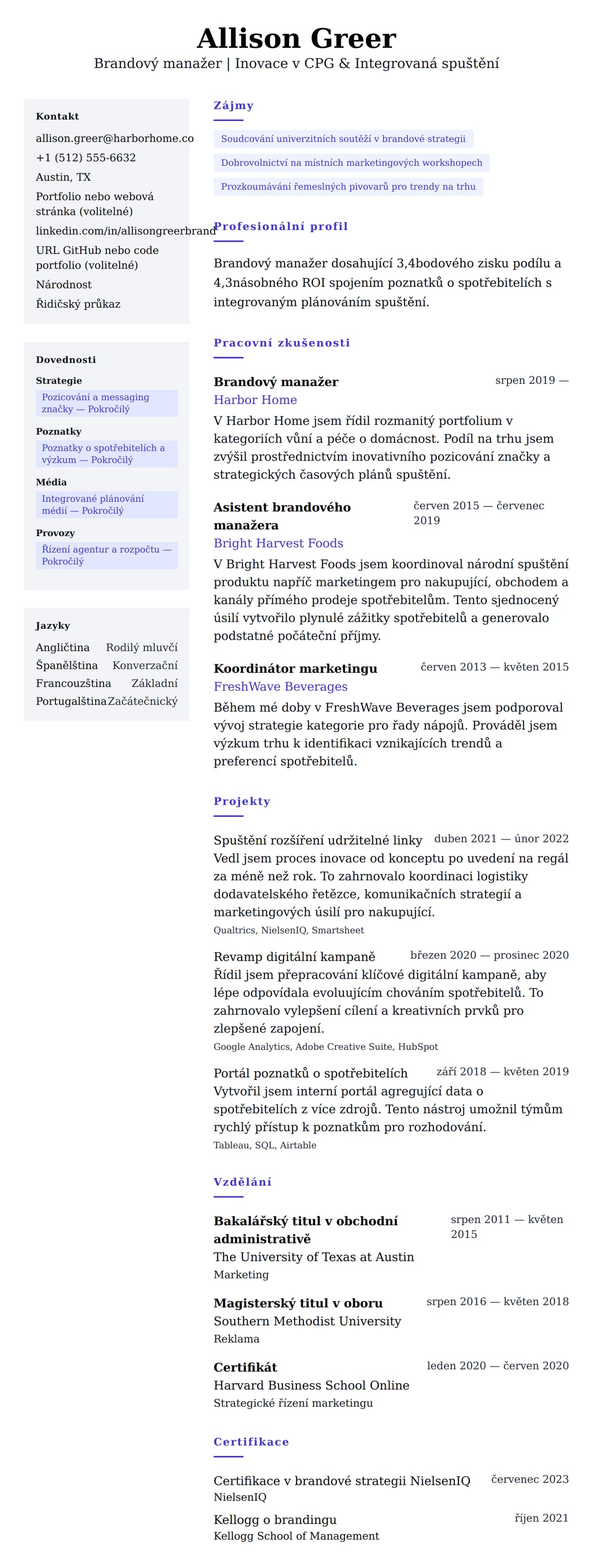 Náhled životopisu pro Příklad životopisu brandového manažera