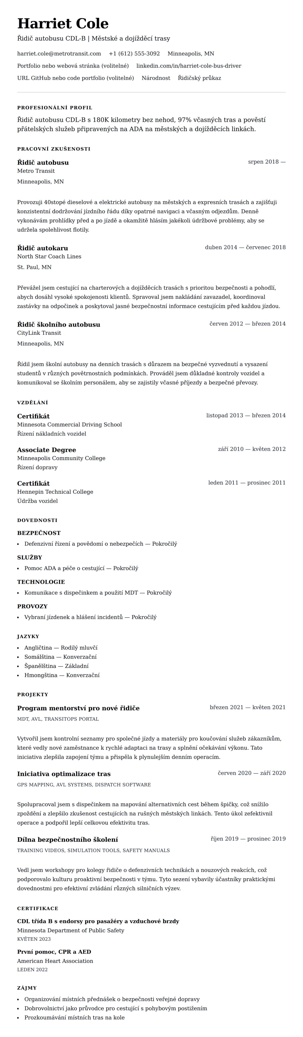 Náhled životopisu pro Příklad životopisu řidiče autobusu