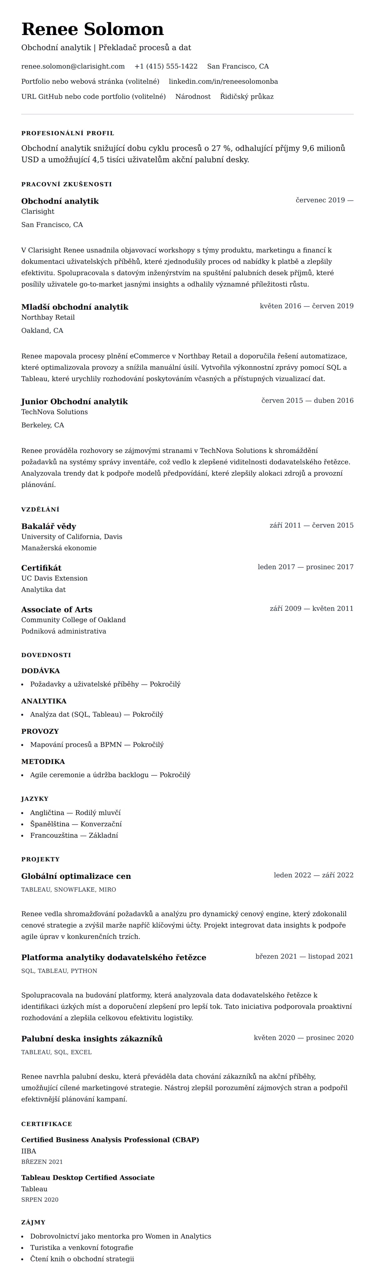 Náhled životopisu pro Příklad životopisu obchodního analytika