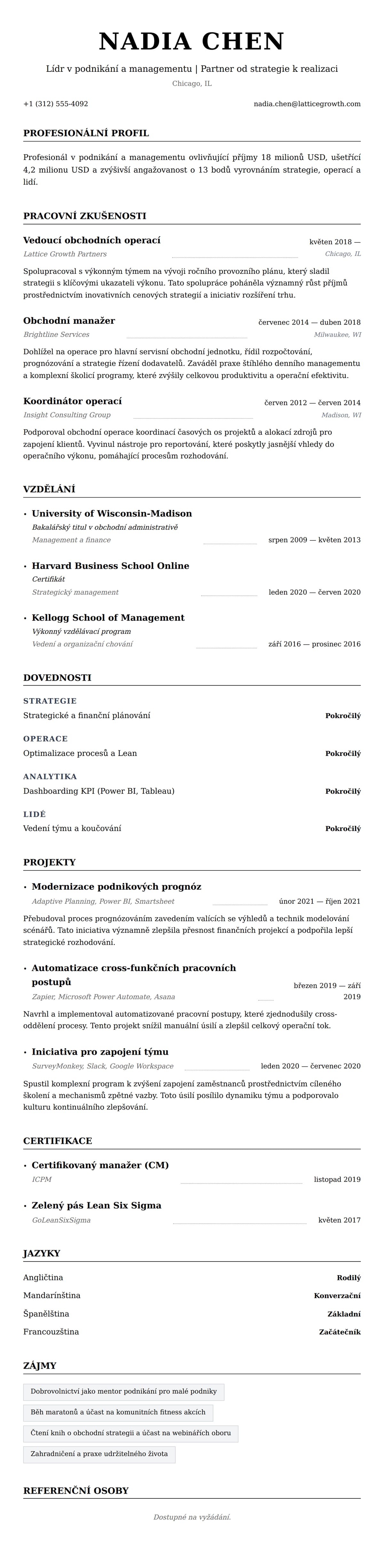 Náhled životopisu pro Příklad životopisu profesionála v podnikání a managementu