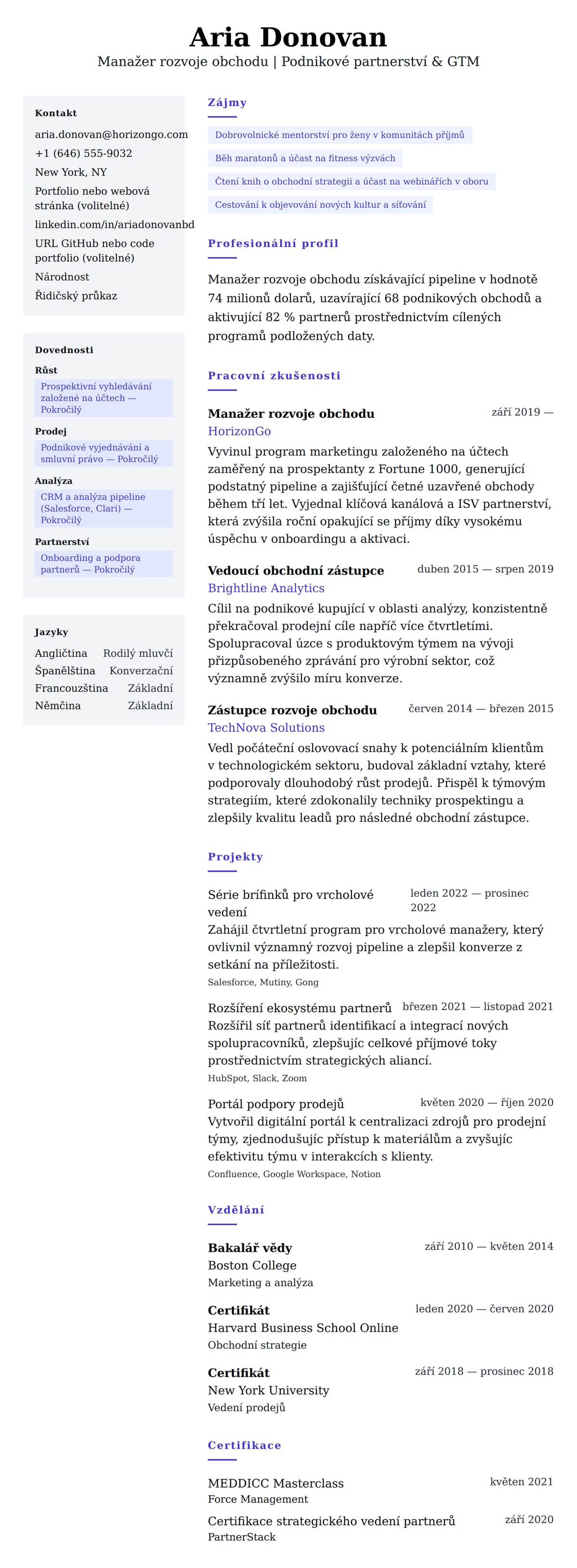 Náhled životopisu pro Příklad životopisu Manažera rozvoje obchodu