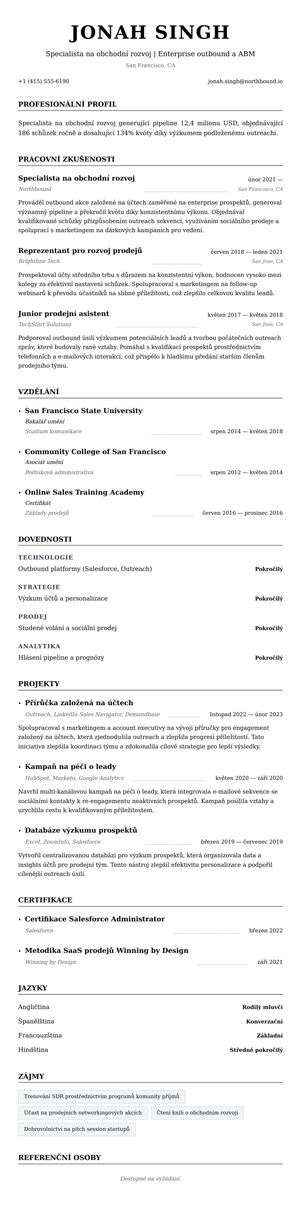 Náhled životopisu pro Příklad životopisu specialisty na obchodní rozvoj