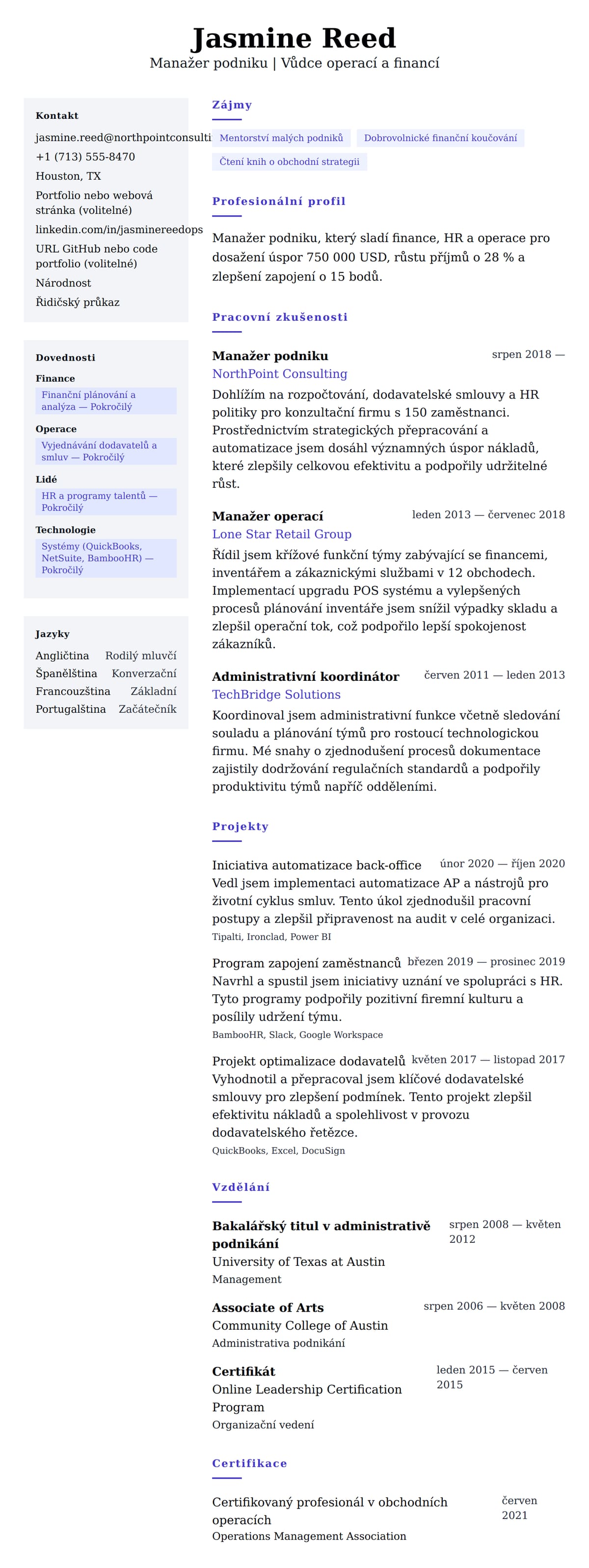 Náhled životopisu pro Příklad životopisu Manažera podniku