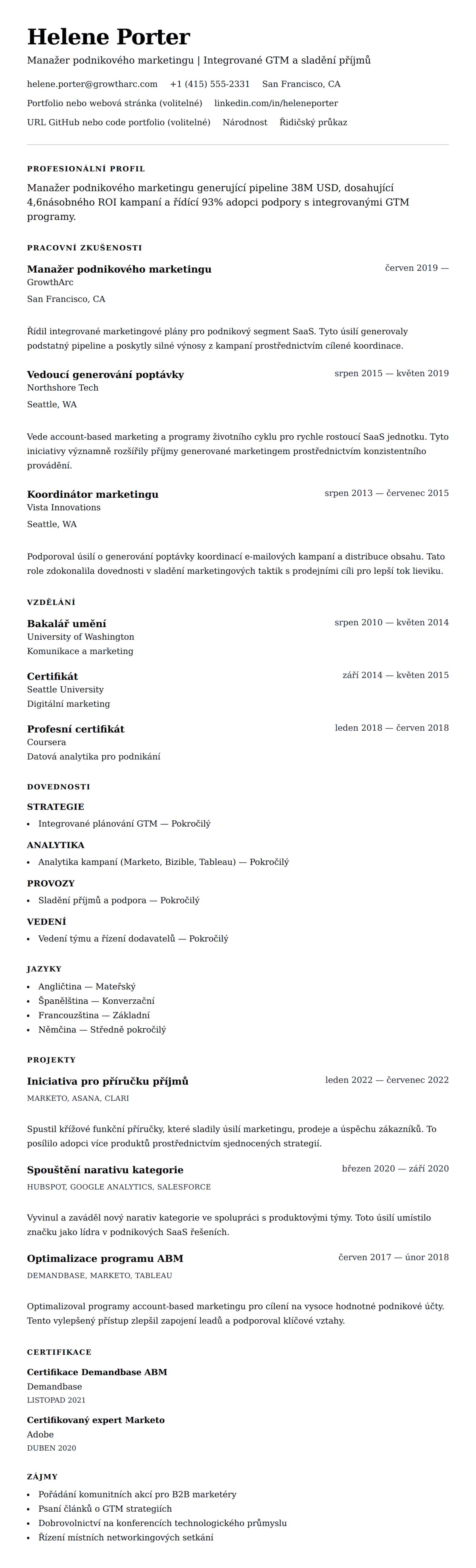 Náhled životopisu pro Příklad životopisu manažera podnikového marketingu