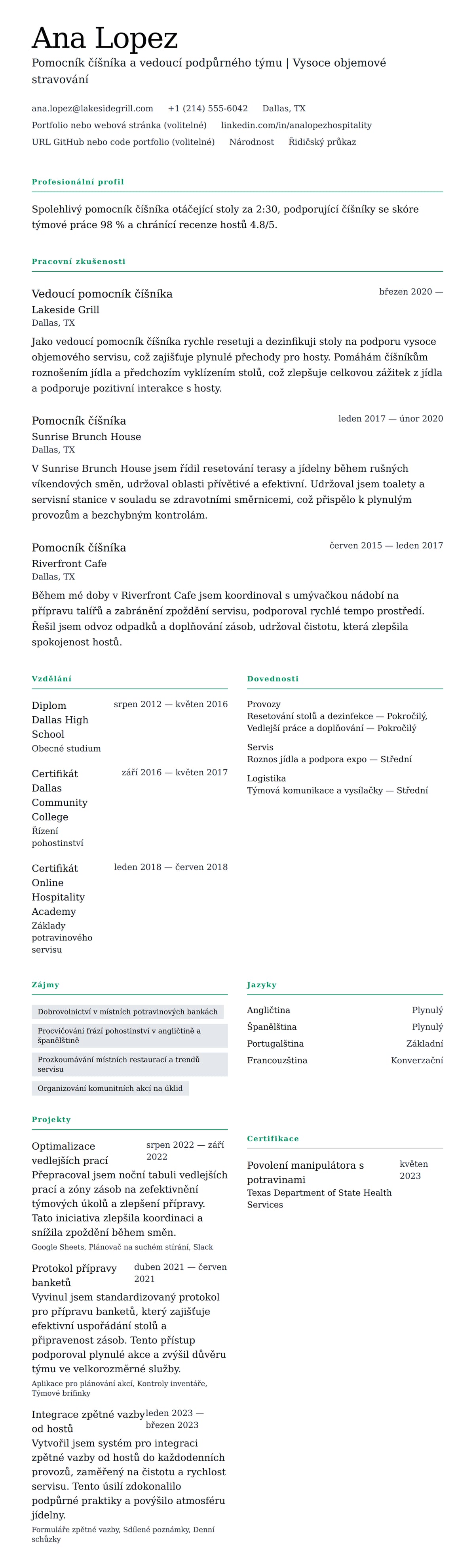 Náhled životopisu pro Příklad životopisu pro pomocníka číšníka