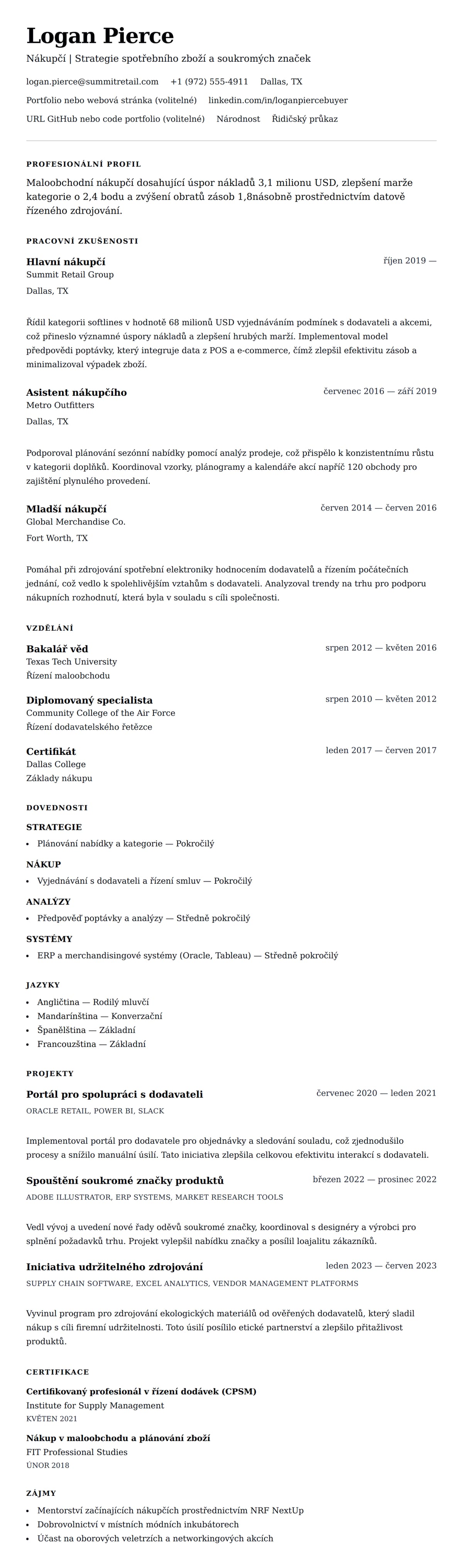 Náhled životopisu pro Příklad životopisu nákupčího