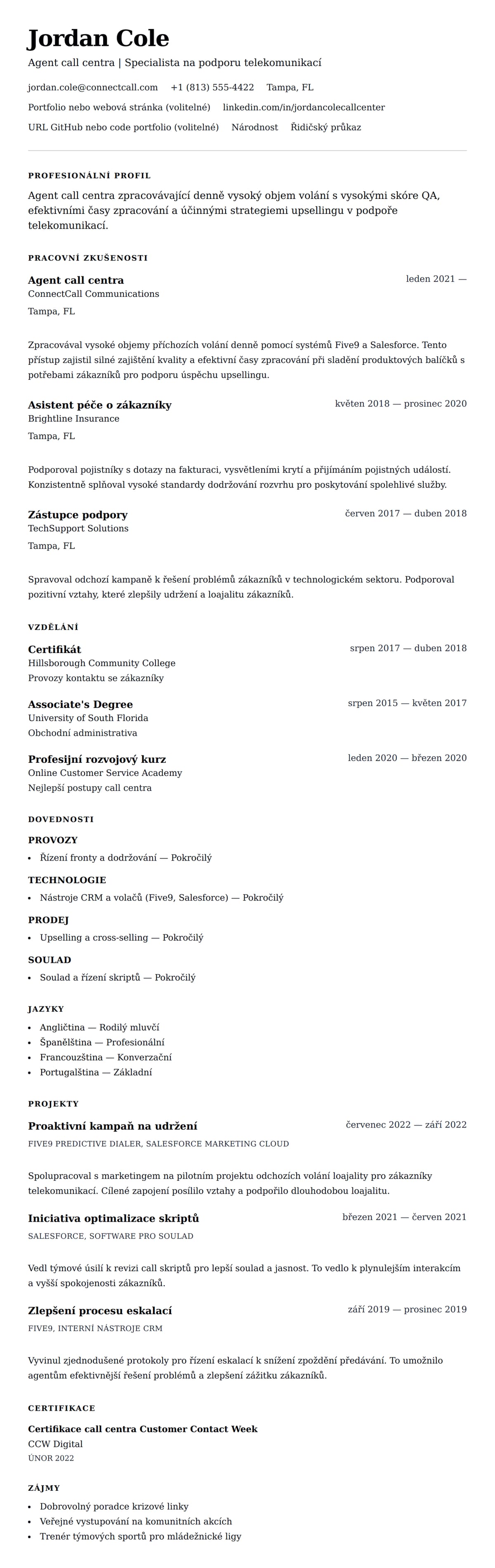 Příklad životopisu agenta call centra