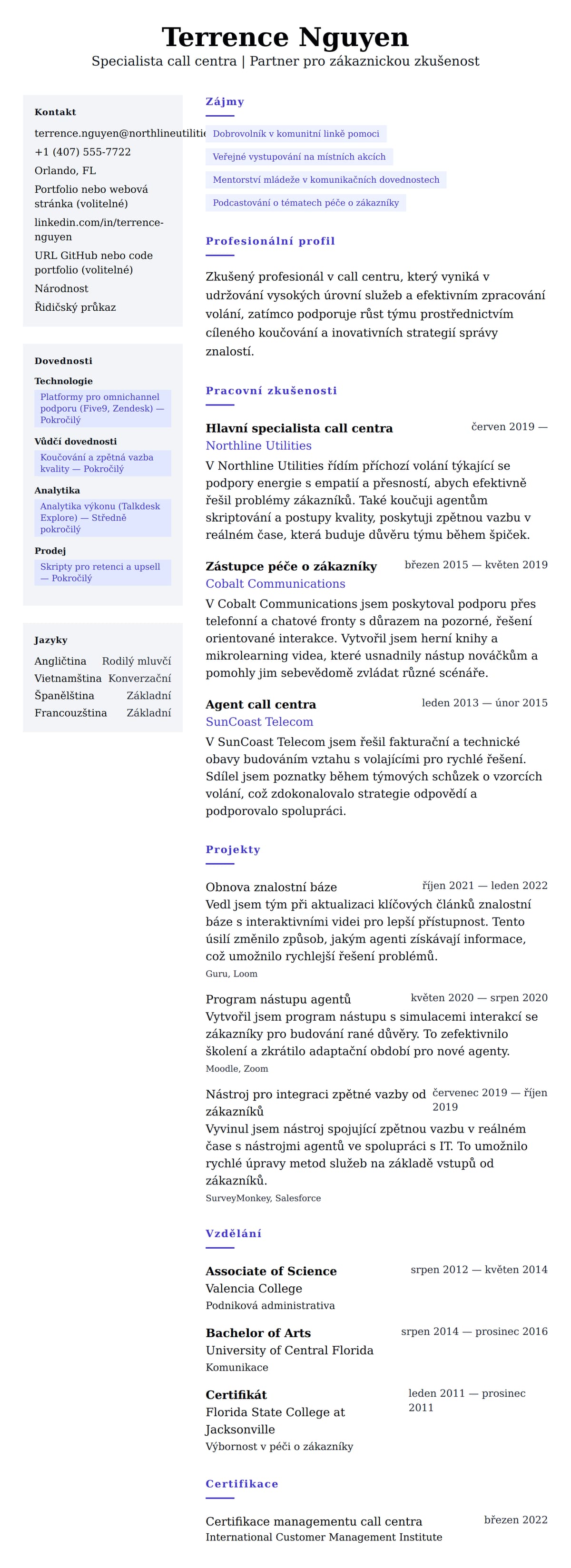 Příklad životopisu profesionála v call centru