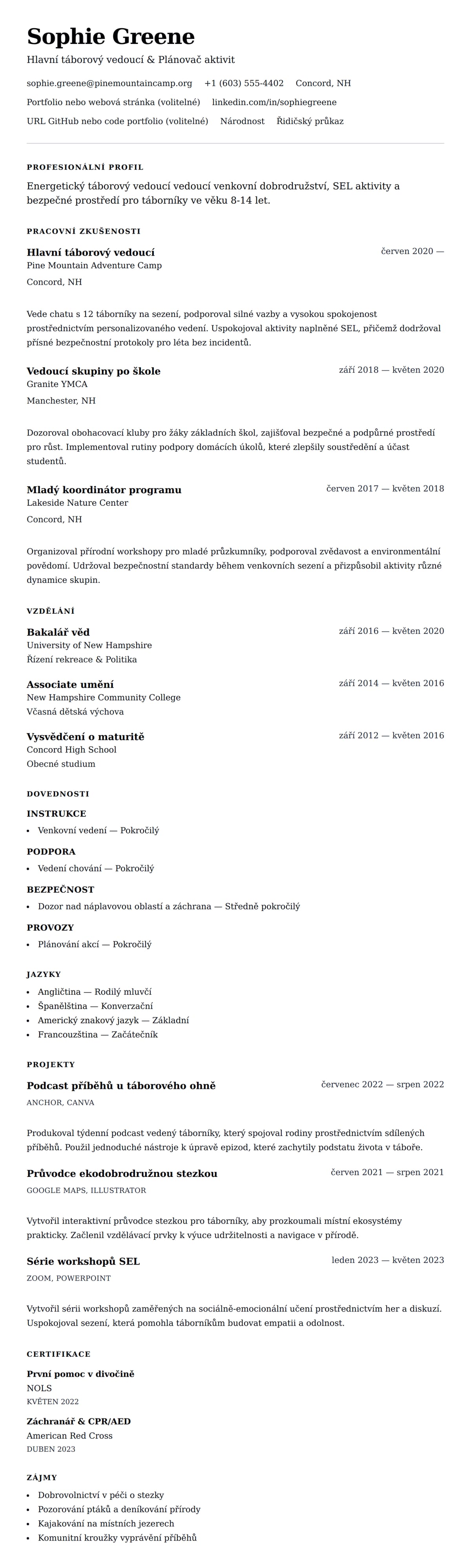 Náhled životopisu pro Příklad životopisu pro táborového vedoucího