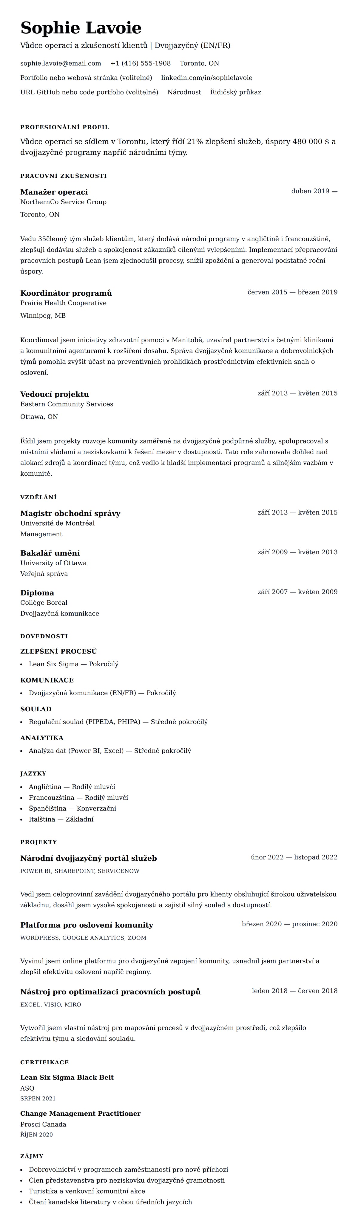 Náhled životopisu pro Příklad kanadského formátu životopisu