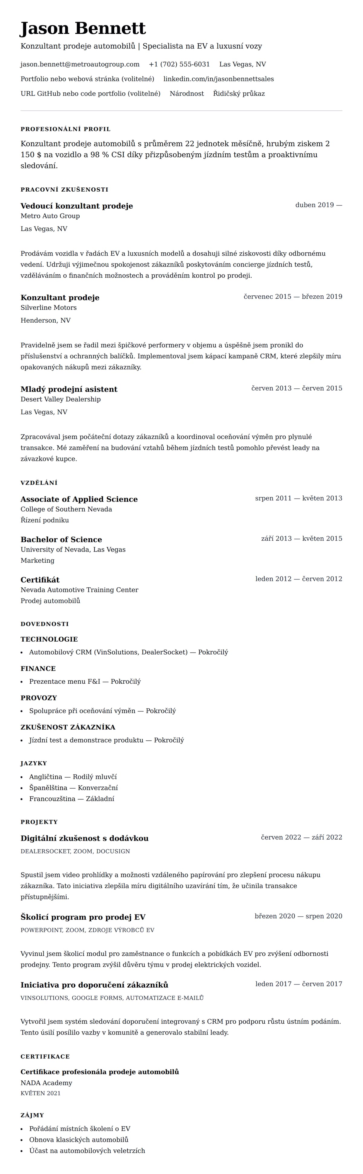Náhled životopisu pro Příklad životopisu konzultanta prodeje automobilů