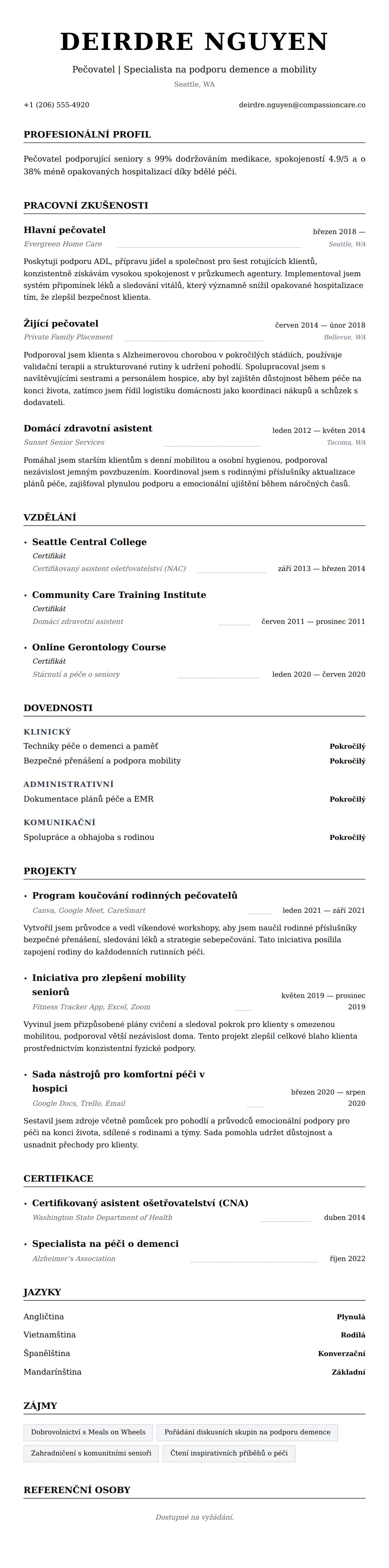 Náhled životopisu pro Příklad životopisu pečovatele