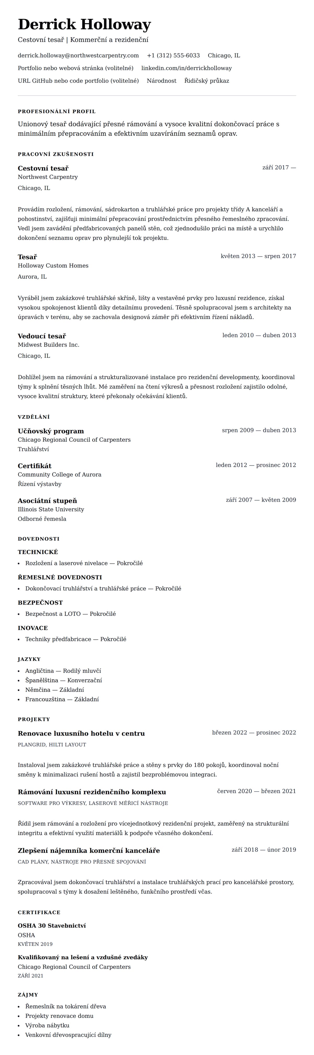 Náhled životopisu pro Příklad životopisu tesaře