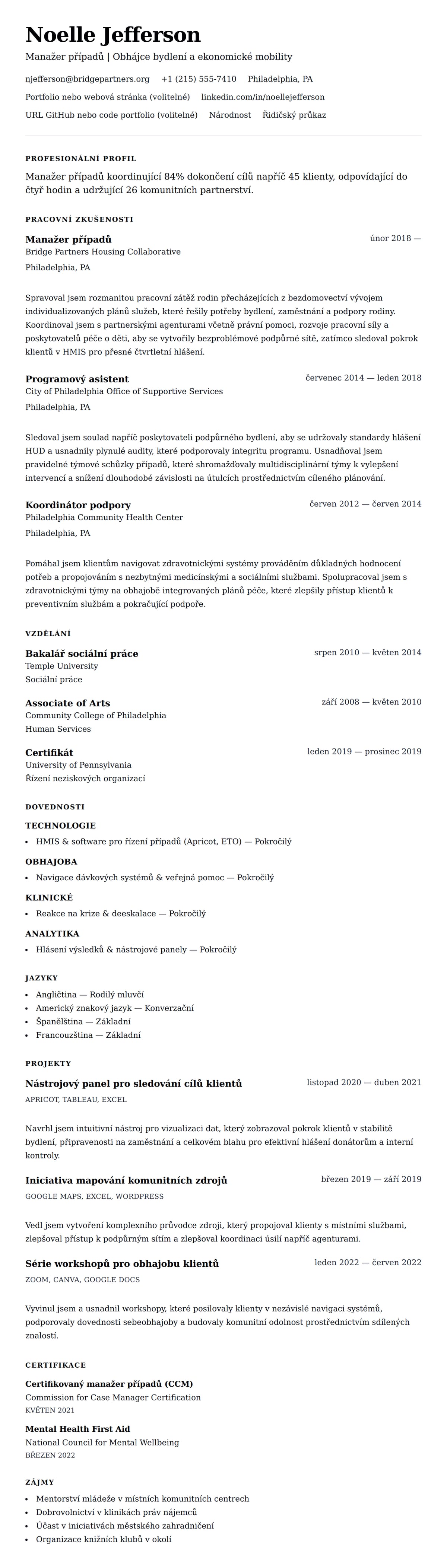 Náhled životopisu pro Příklad životopisu manažera případů