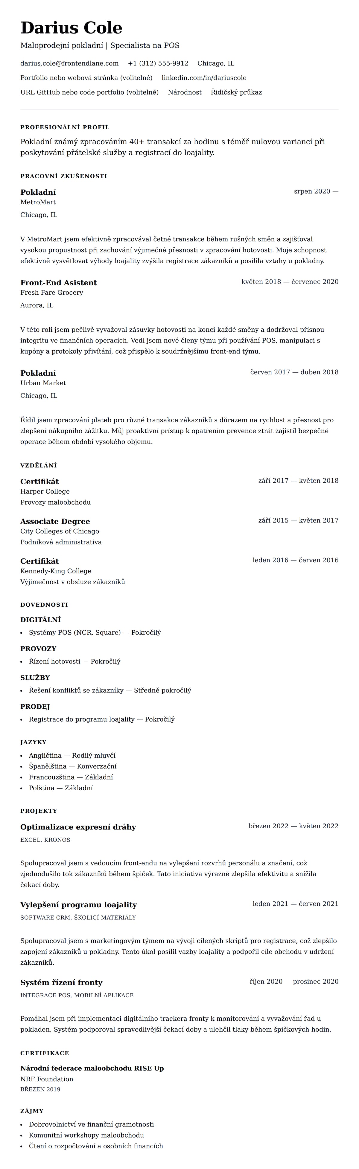 Náhled životopisu pro Příklad životopisu pokladního