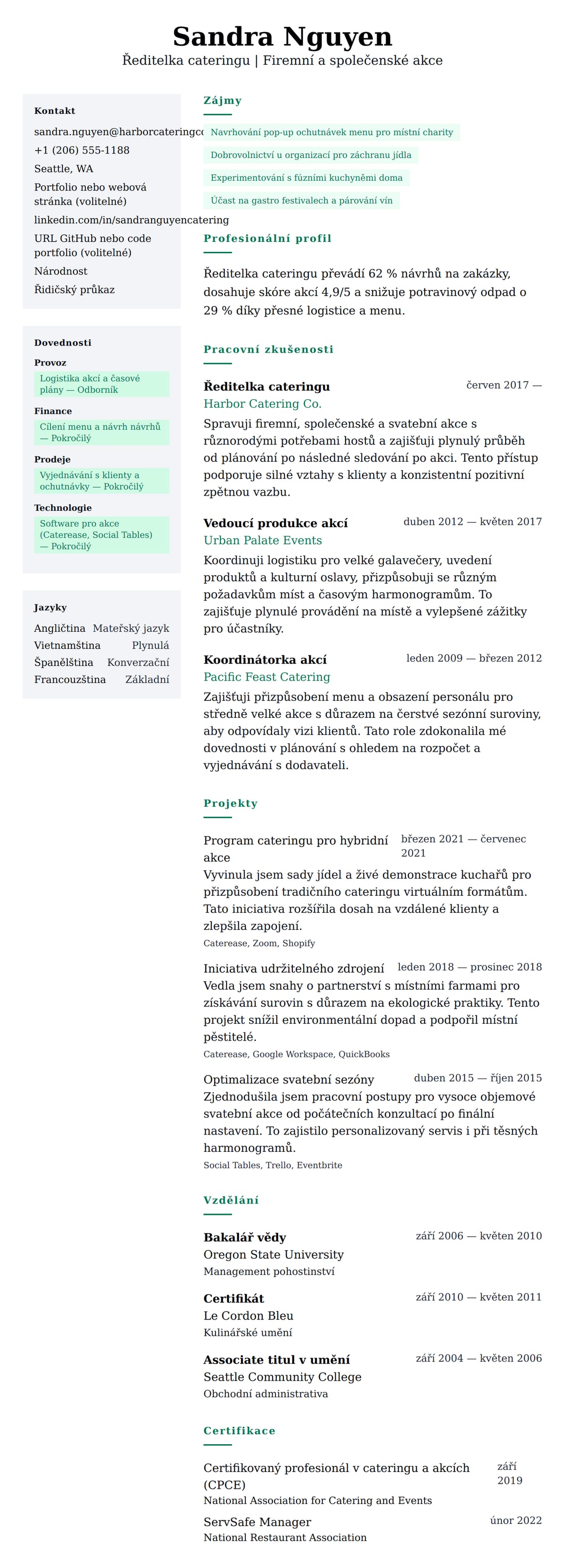 Náhled životopisu pro Příklad životopisu cateringového manažera