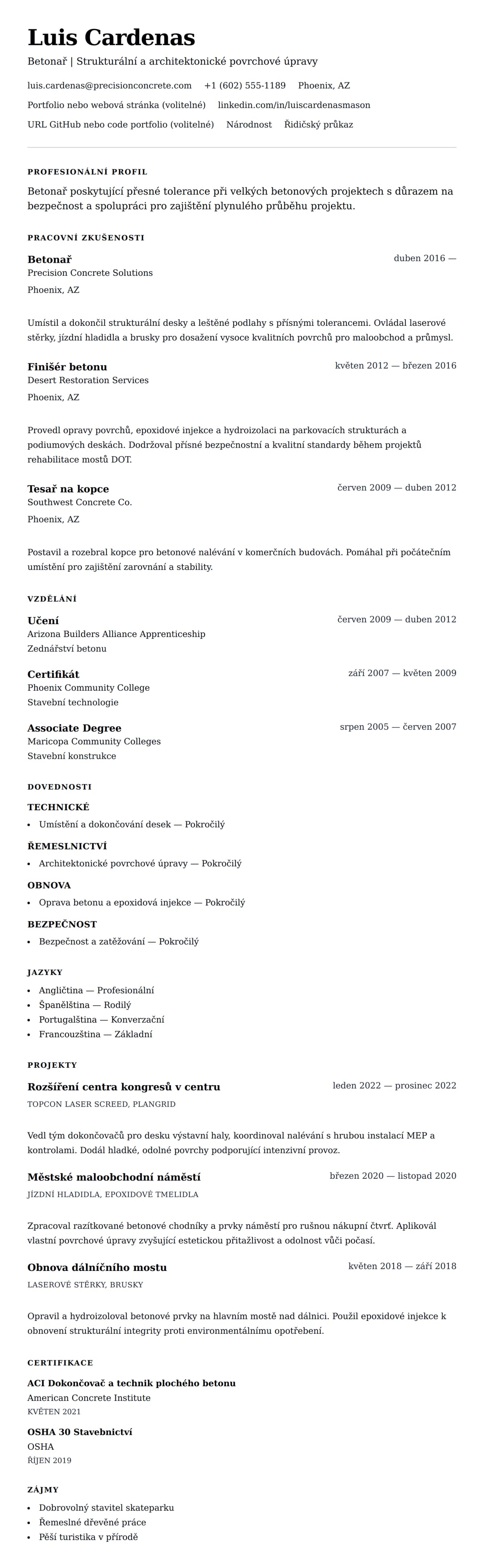 Náhled životopisu pro Příklad životopisu betonaře