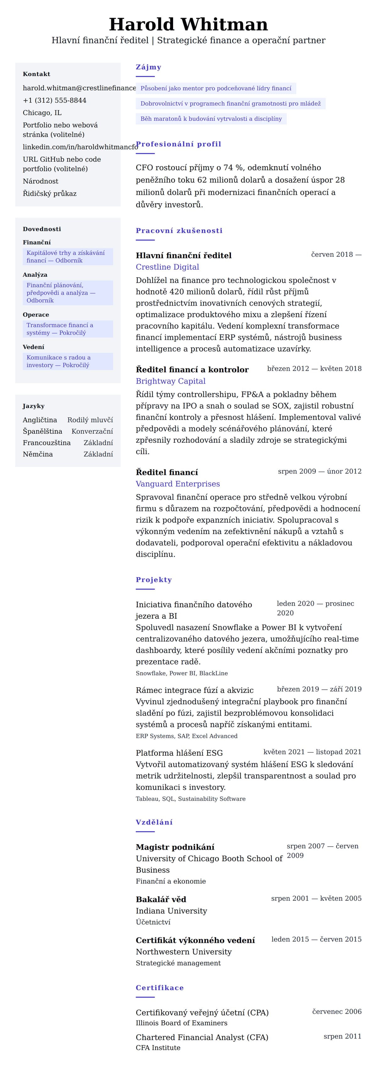 Náhled životopisu pro Příklad životopisu hlavního finančního ředitele