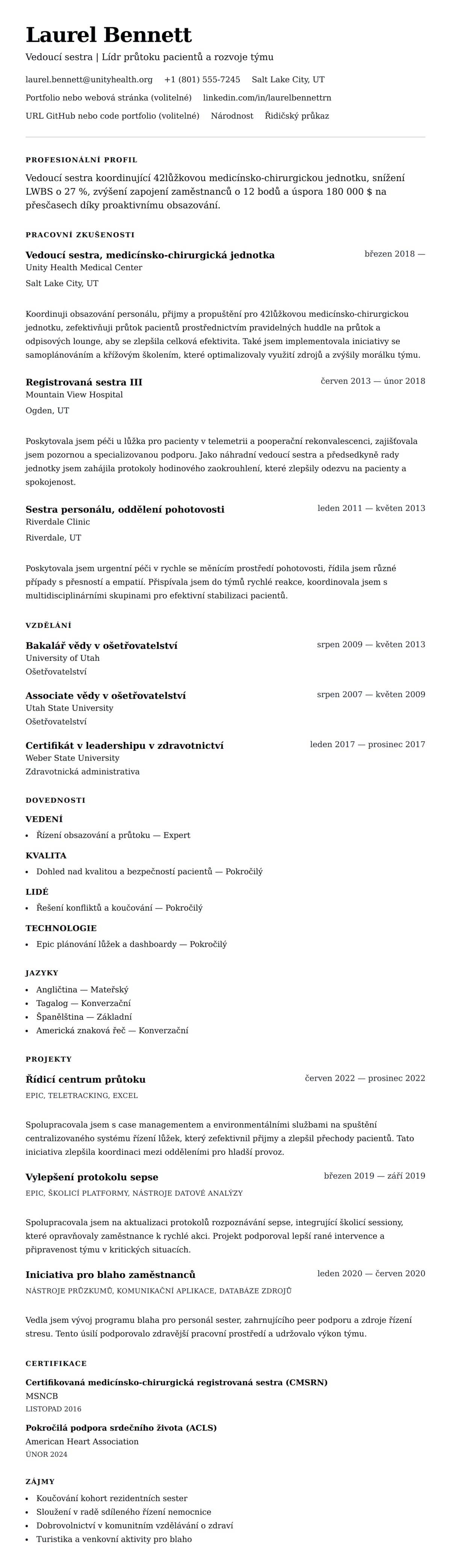 Náhled životopisu pro Příklad životopisu vedoucí sestry