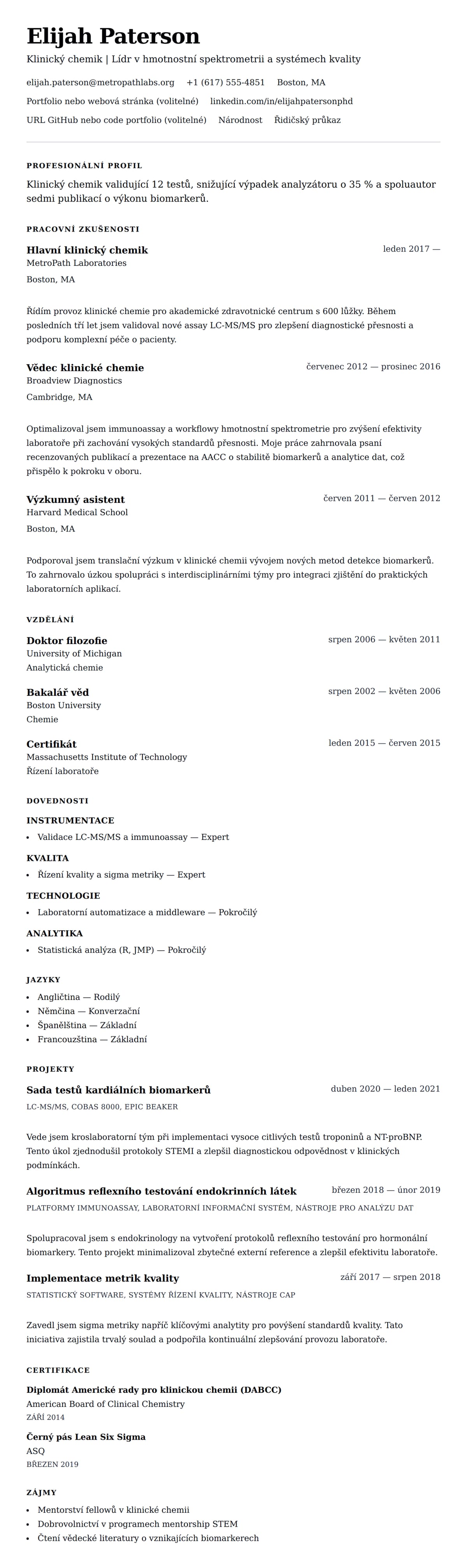 Náhled životopisu pro Příklad životopisu klinického chemika