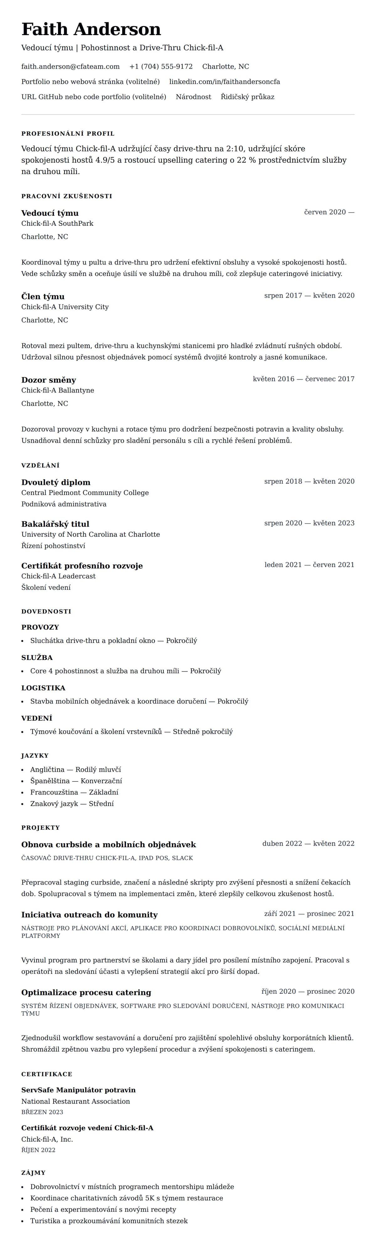 Náhled životopisu pro Příklad životopisu pro člena týmu Chick-fil-A