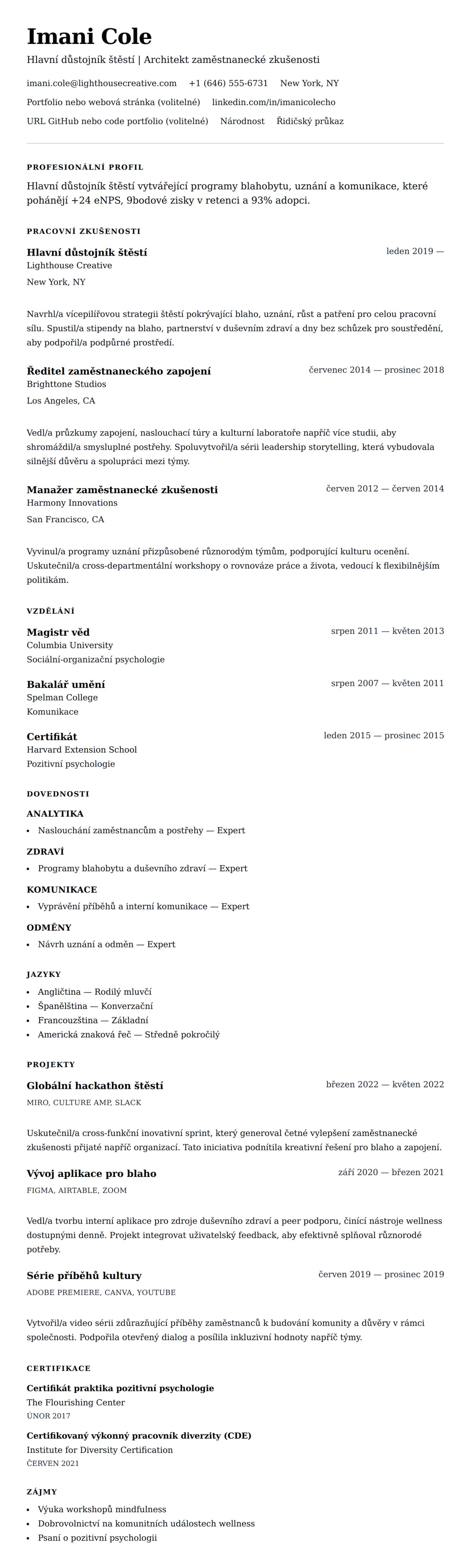 Náhled životopisu pro Příklad životopisu hlavního důstojníka štěstí (CHO)