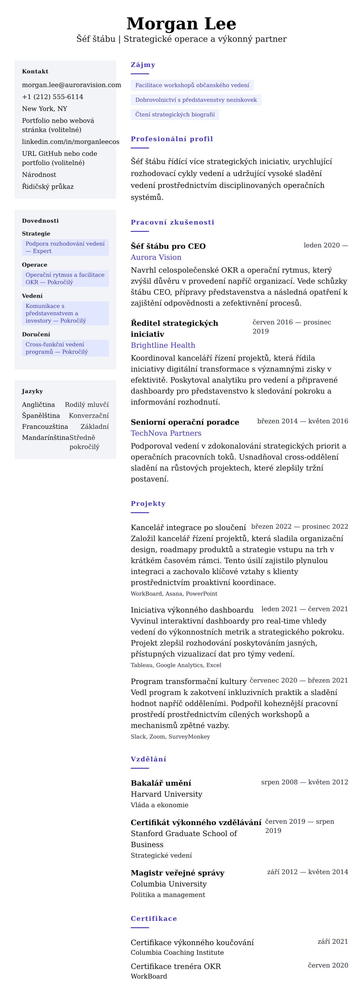 Náhled životopisu pro Příklad životopisu šéfa štábu