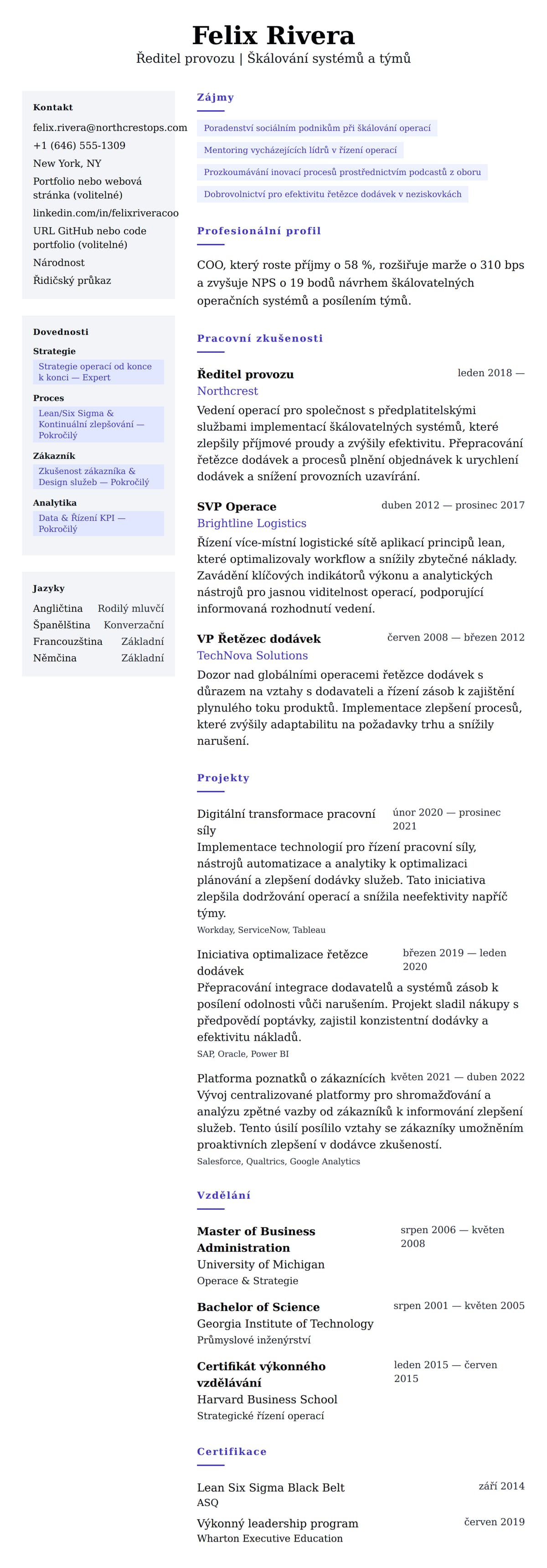 Náhled životopisu pro Příklad životopisu ředitele provozu