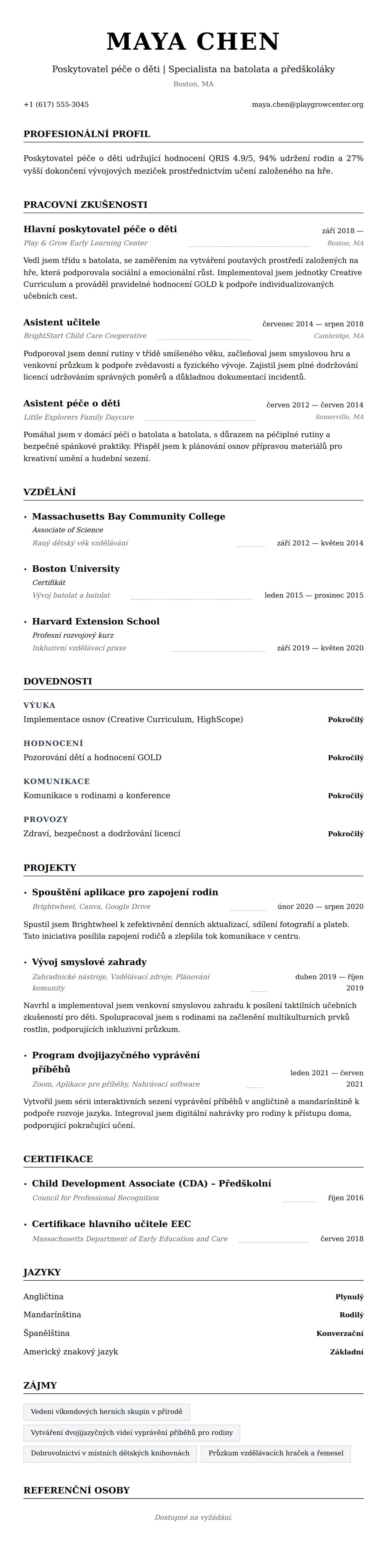 Náhled životopisu pro Příklad životopisu poskytovatele péče o děti