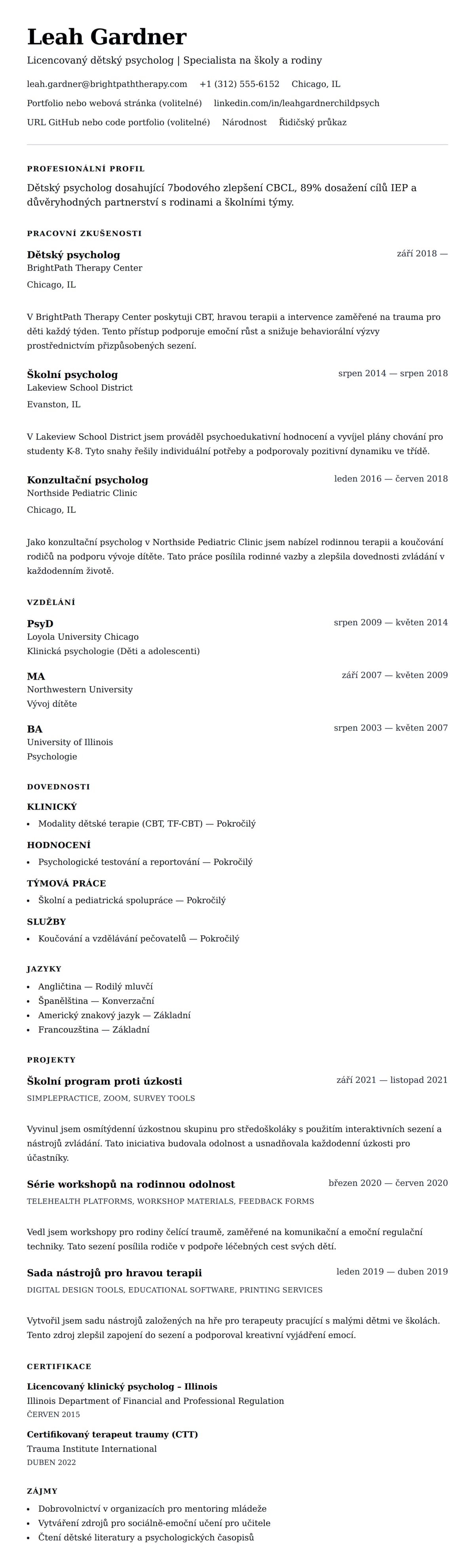 Náhled životopisu pro Příklad životopisu dětského psychologa