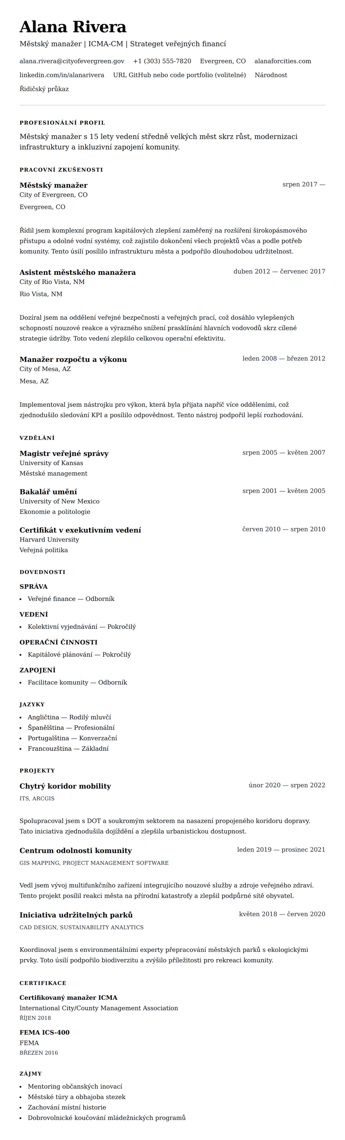 Náhled životopisu pro Příklad životopisu městského manažera