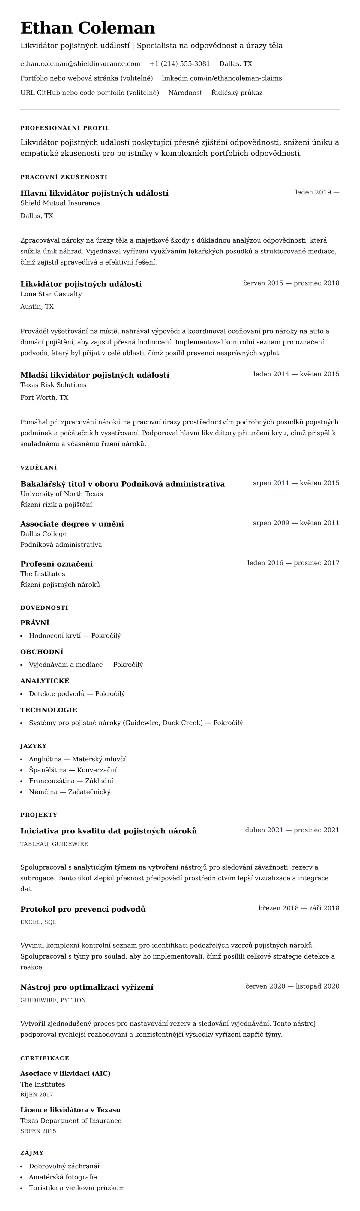 Náhled životopisu pro Příklad životopisu likvidátora pojistných událostí