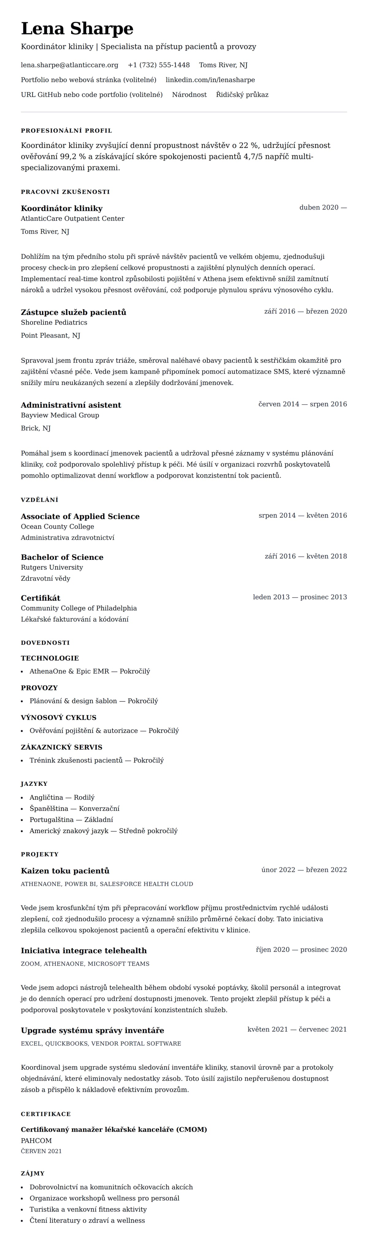 Náhled životopisu pro Příklad životopisu koordinátora kliniky