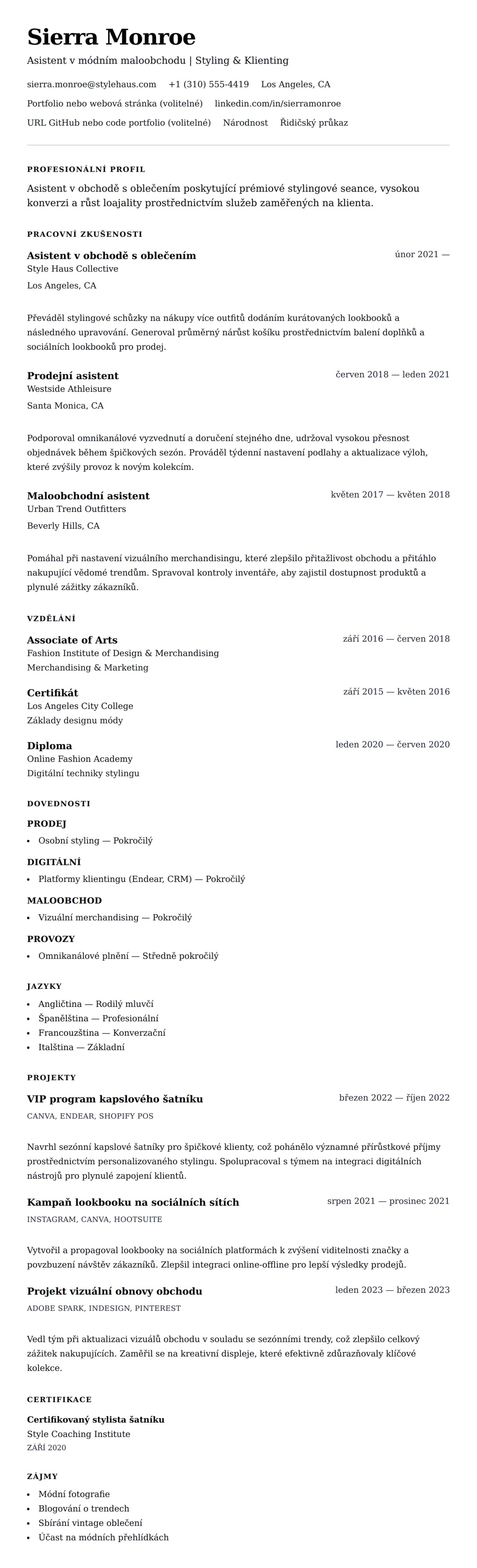 Náhled životopisu pro Příklad životopisu pro asistenta v obchodě s oblečením