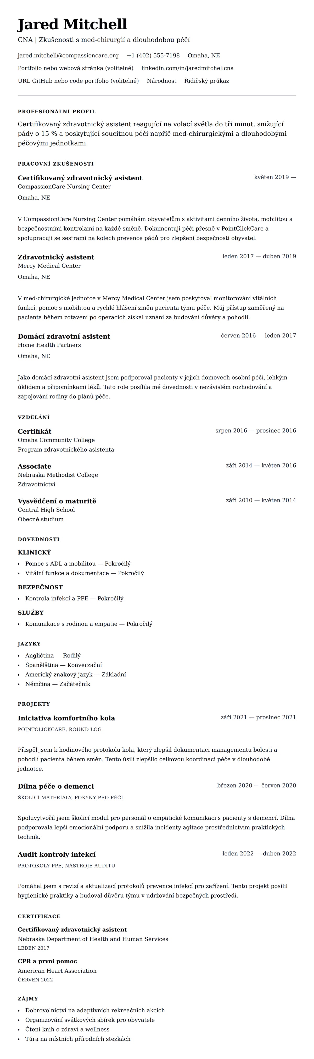 Náhled životopisu pro Příklad životopisu certifikovaného zdravotnického asistenta (CNA)