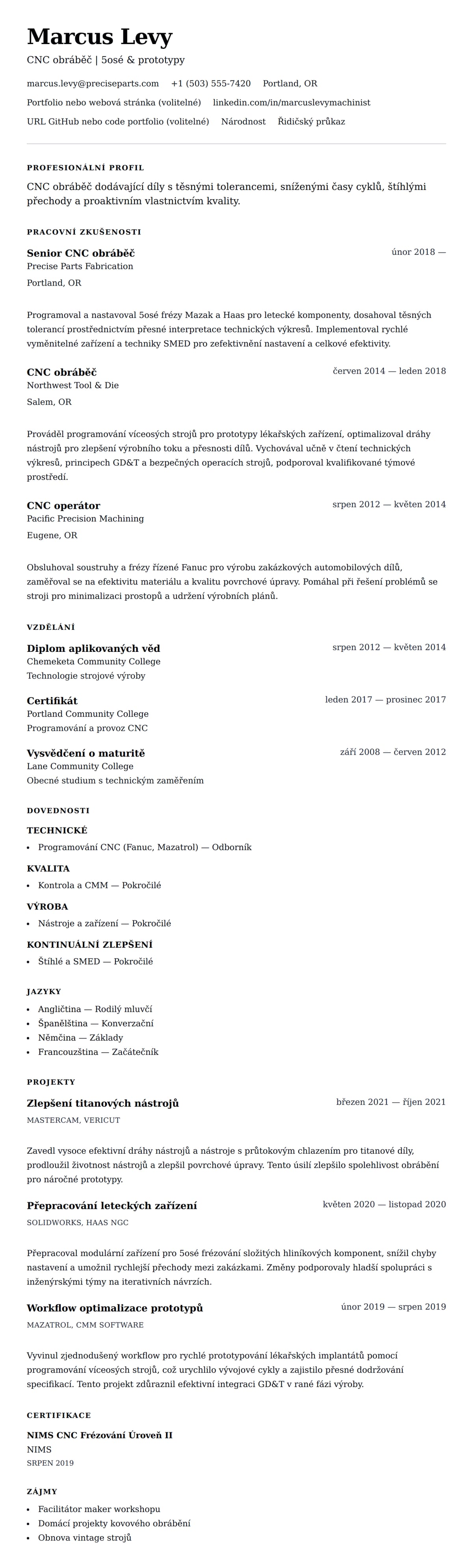Náhled životopisu pro Příklad životopisu CNC obráběče