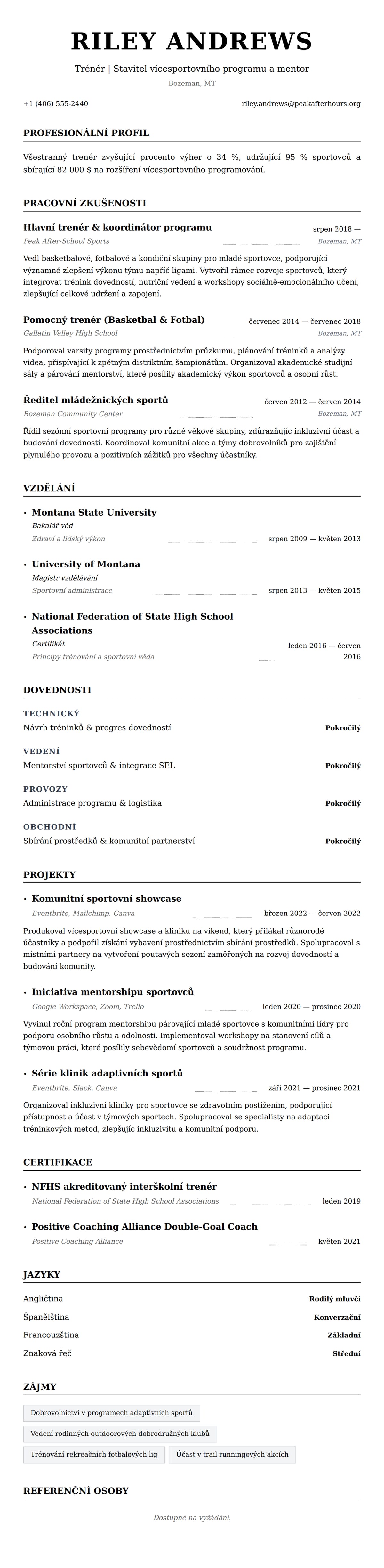 Náhled životopisu pro Příklad životopisu trenéra