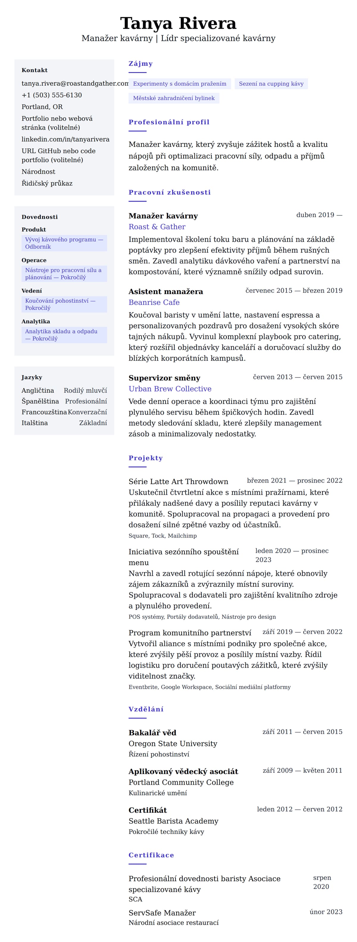 Náhled životopisu pro Příklad životopisu Manažera kavárny