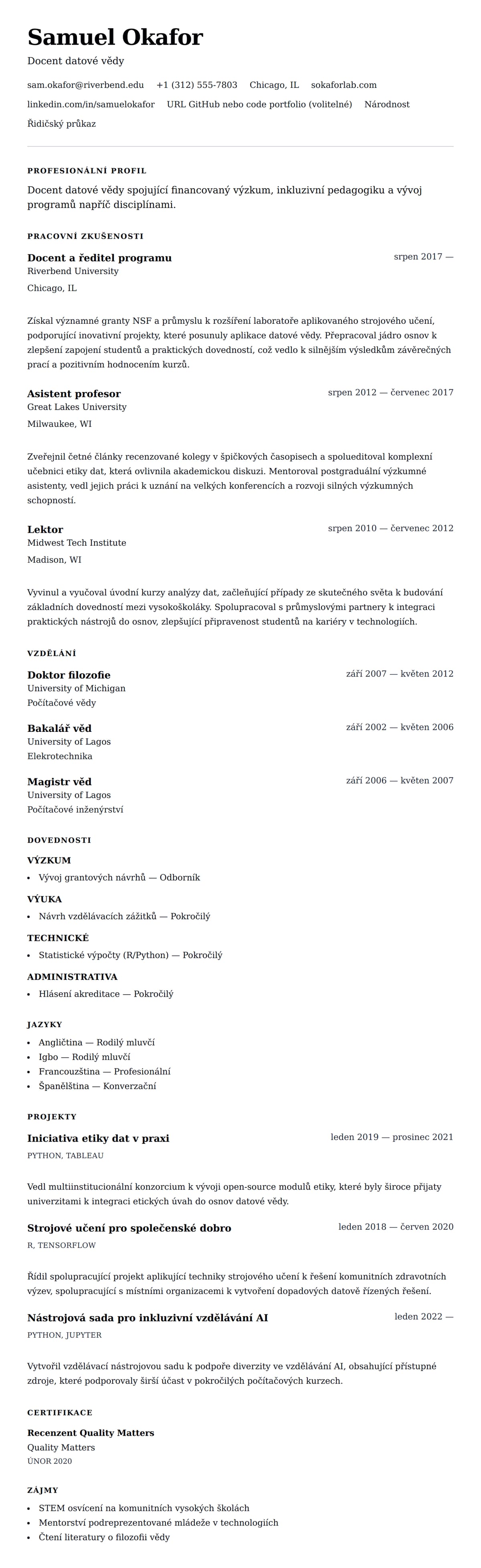 Náhled životopisu pro Příklad životopisu vysokoškolského profesora