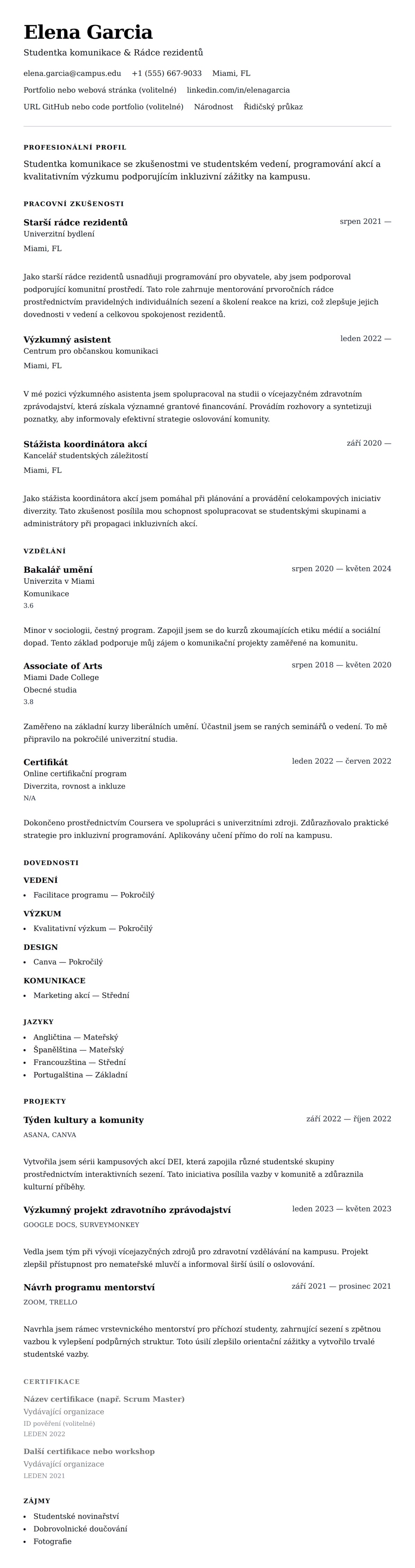 Náhled životopisu pro Příklad životopisu vysokoškolského studenta