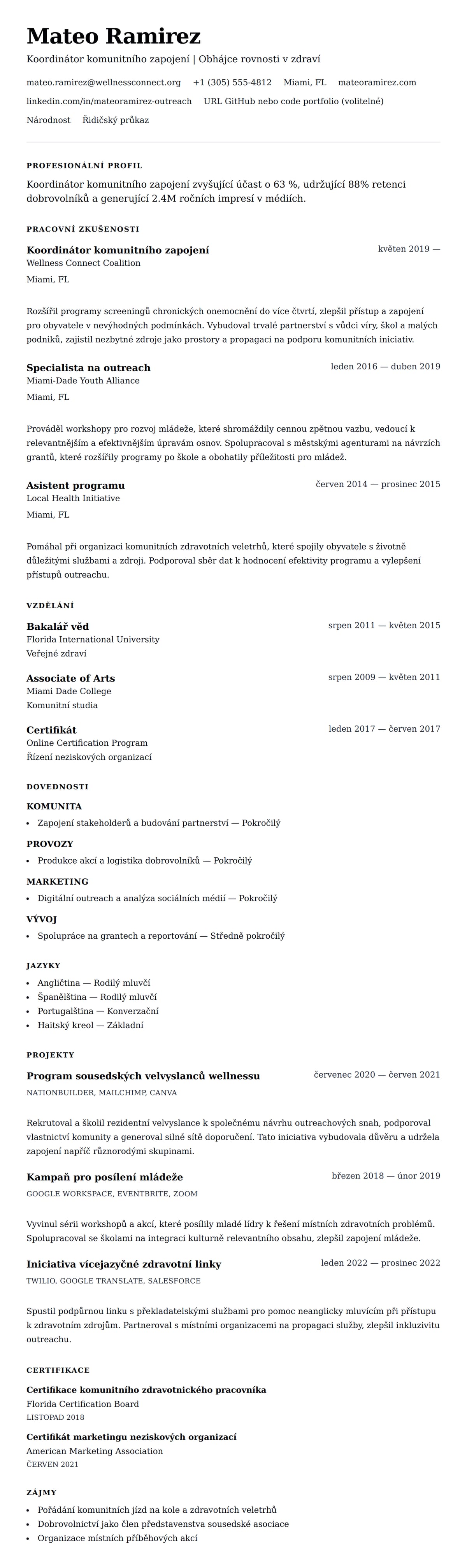 Náhled životopisu pro Příklad životopisu koordinátora komunitního zapojení
