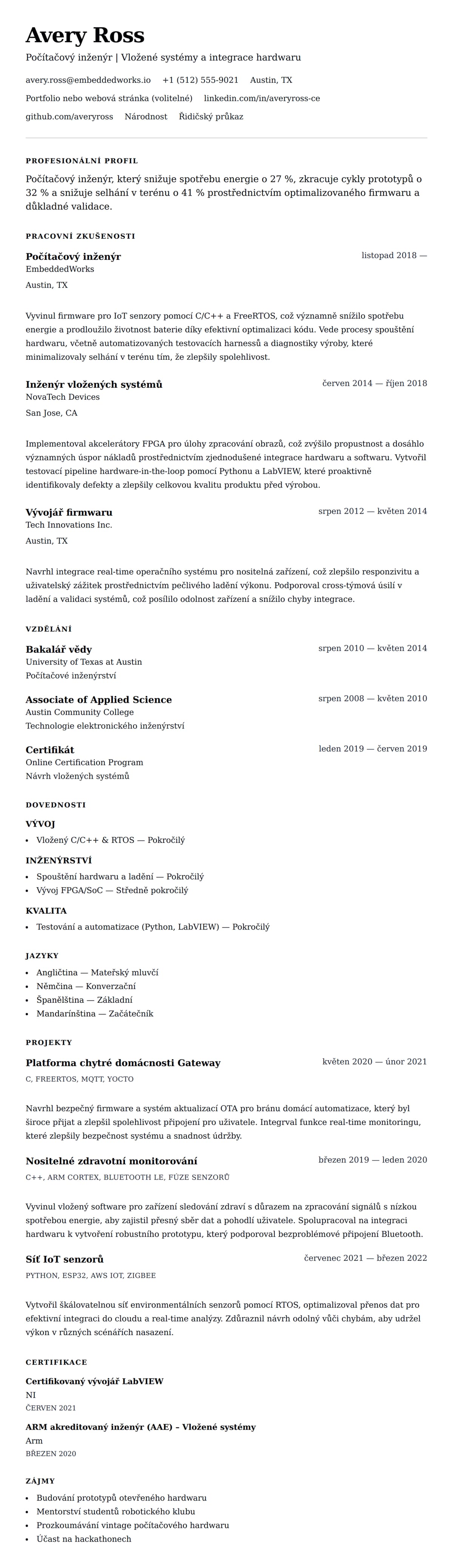 Náhled životopisu pro Příklad životopisu počítačového inženýra